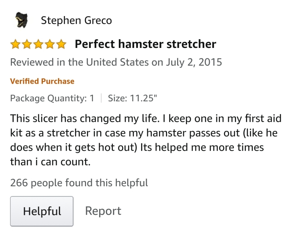 Funny Amazon Review titled Perfect hamster stretcher