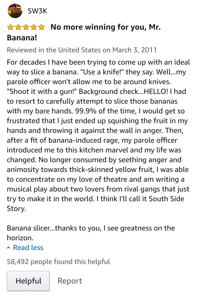 Funny Amazon Review titled No more winning for you Mr Banana